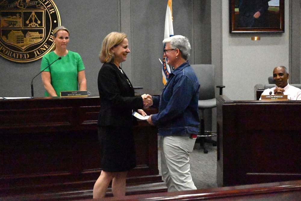 Retiring Webster School fifth grade teacher Mary Tessier is recognized for her 33-plus years of service to the Manchester School District