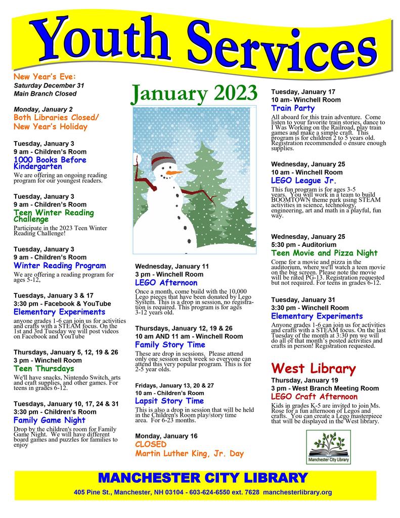 Youth Services provided by Manchester Public libraries. 