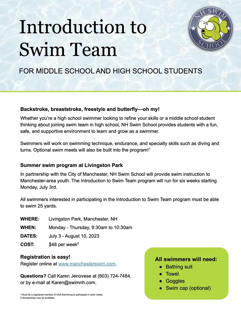 flyer for intro to swim team for middle and high school students from NH Swim School