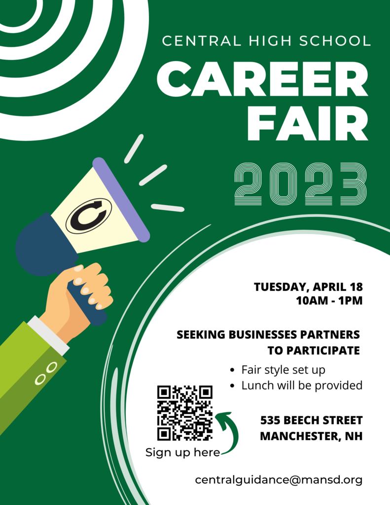 Graphic: Central High School Career Fair 2023 - Tuesday April 18 from 10 am to 1 pm - interested participants can sign up at bit.ly/CentralCareer2023