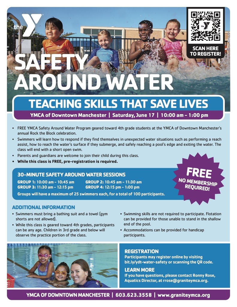 Program flyer YMCA Safety Around Water Saturday, June 17 - register at bit.ly/ydt-water-safety