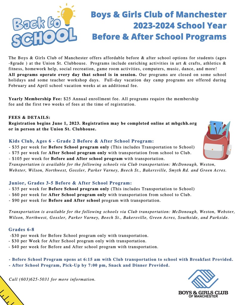 Program flyer: Boys & Girls Club registration for 2023-2024 programs - register online at mbgchh.org or at the Union Street clubhouse