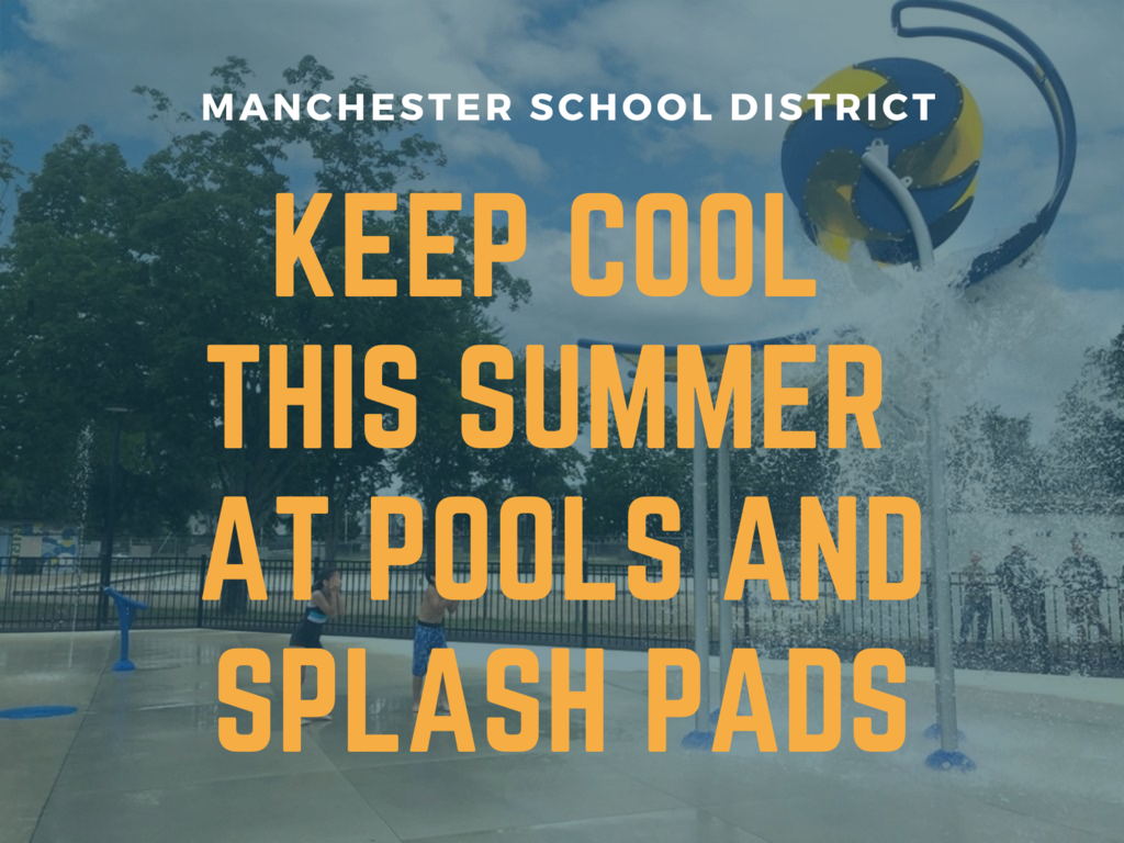 graphic - photo of splash pad with text: keep cool this summer at pools and splash pads