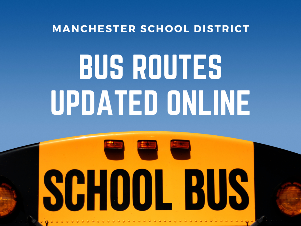 graphic with text bus routes updated online over image of school bus